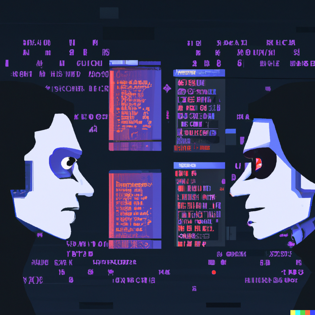4 - 3 - 2 - 1 - The illustrations were created by OpenAI's DALL-E on the task "Human coder and AI challenging each other in coding, a cyberpunk illustration".