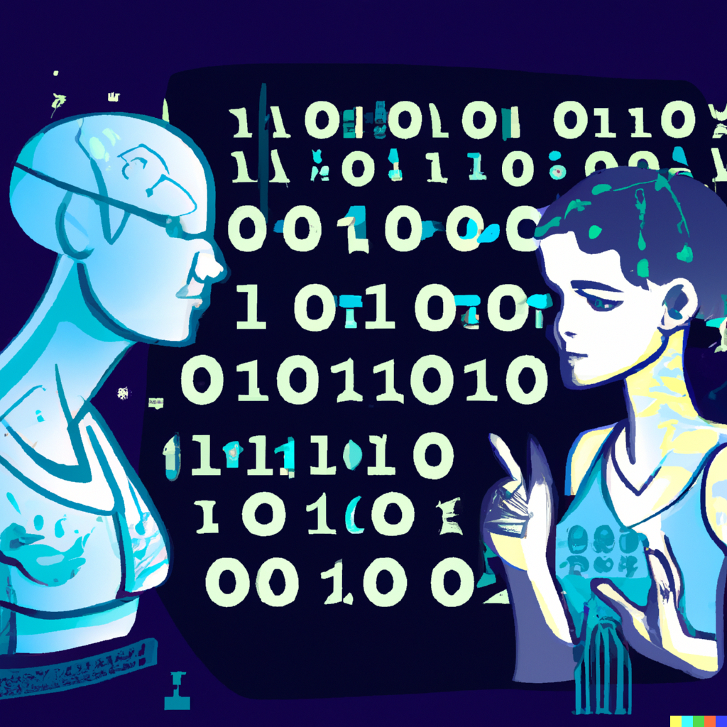 3 - 2 - 1 - The illustrations were created by OpenAI's DALL-E on the task "Human coder and AI challenging each other in coding, a cyberpunk illustration".