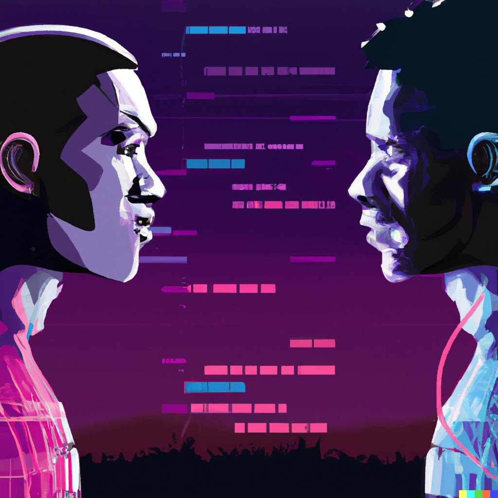 2 - 1 - The illustrations were created by OpenAI's DALL-E on the task "Human coder and AI challenging each other in coding, a cyberpunk illustration".